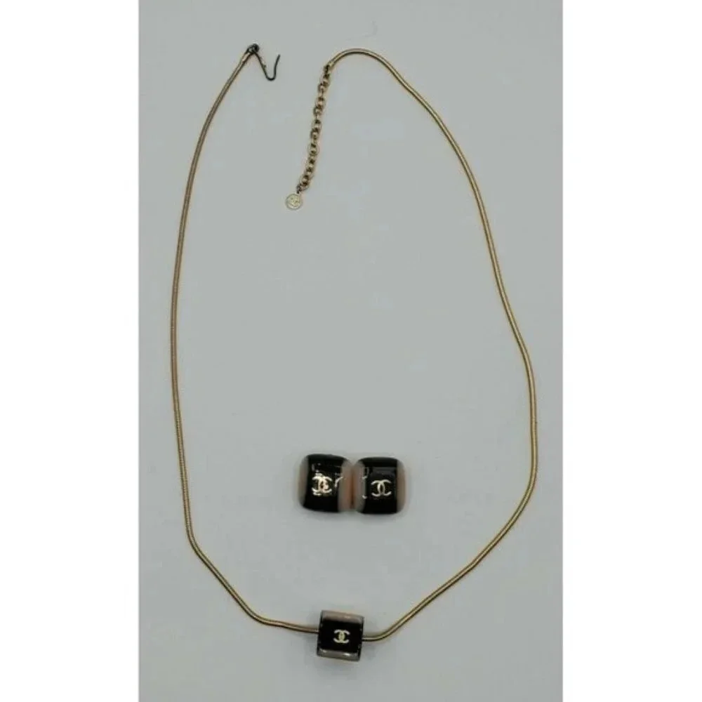 Vintage Authentic Chanel Logo Necklace &  Square Clip Earrings Set ~ Signature